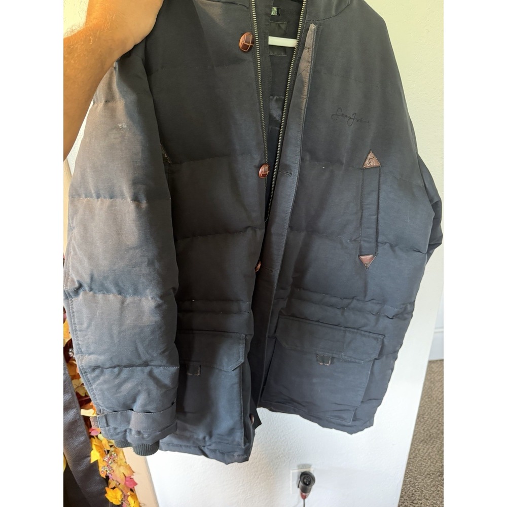 Sean John Men's Hooded Puffer Jacket Gray L Mid-Length Zip/Button Logo